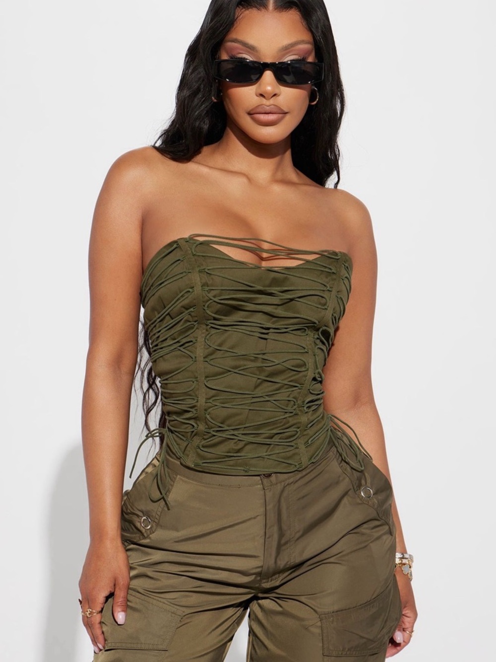Fashion Nova Olive Strapless Lace-Up Ruched Corset Top